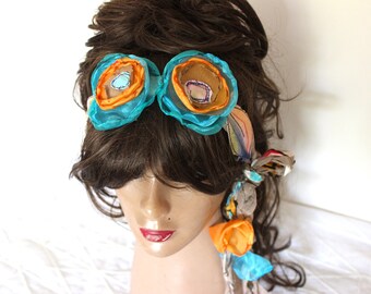 Flowers women headband, hippie hair band, blue flowers, boho textile art, bohemian necklace, gypsy women headband, women christmas gift