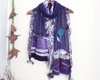 Purple Women Scarf, Extra Long Purple Cotton, Purple cotton Scarf, Long Scarf, Flower Applique, Unique Design, Ethnic Fabric, Woman Gift