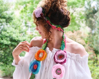 Floral Ladies Crown Headband, Handmade Special scarf, Unique Boho Textile necklace, Bohemian Gypsy Women Tiara, Colorful flower Belt