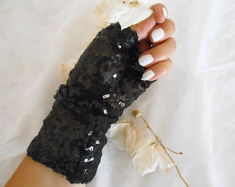 Black gloss gloves, black sequin gloves, black fingerless, shiny night gloves, black sequined, woman sexy gloves, shiny fingerless gloves