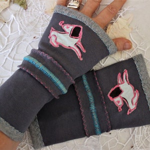Gray Fingerless dog gloves, Dog pattern arm warmers, Soft cotton fabric, Comfortable mittens, Handmade warm gloves, Women accessories gift