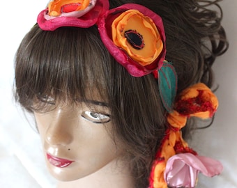 Orange flowers headband, women headband, hippie hair band, boho textile art, beach headband, gypsy women headband, hippie wedding accessorie