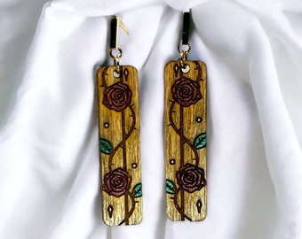 Mystical Rose Earrings | Wood earrings, dangle earrings, boho earrings, mystical vibes, handmade jewelry, gifts for her, engraved earrings
