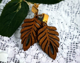 Feather Leaf Earrings | Engraved Earrings, Boho Earrings, Accessories, Jewelry, Lightweight Earrings, Wood Earrings, Dangle Earrings