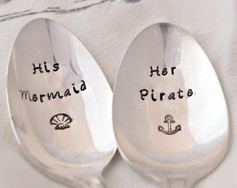 His Mermaid, Her Pirate, Her Captain, Stamped Spoon Set, Engagement Gift, Coffee Gift, Tea Gift, Wedding Gift, Anniversary Gift