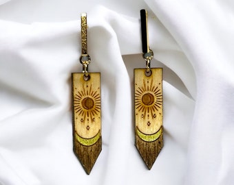 Sun & Crescent Moon Earrings | Wood earrings, dangle earrings, boho earrings, mystical vibes, handmade jewelry, gifts for her