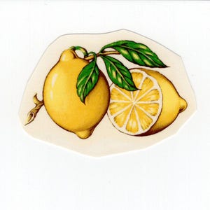 Puede incluir: Ilustración vibrante de dos limones con hojas verdes y un tallo marrón. Un limón está entero, el otro está cortado, revelando los segmentos internos. Los limones son amarillos sobre un fondo blanco.