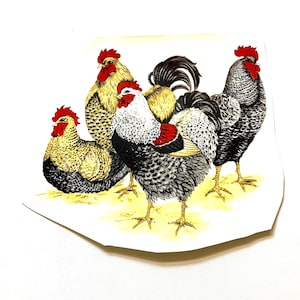 May include: A detailed illustration featuring four chickens with vibrant red combs and wattles. The group includes one sitting hen with gold and black feathers, two roosters with black and white speckled plumage, and one rooster with gold feathers.
