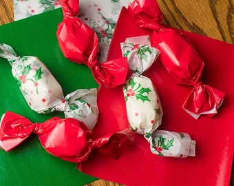 3 Red,  2 Green, 2 Holly, 1 White Caramel Wrappers, 4" x 5", Packages of 100