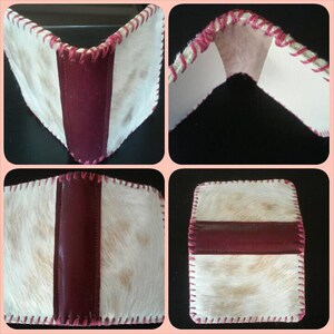 Hermosa cartera para tarjetas de crédito y tarjetas de presentación de cuero color burdeos, beige y blanco.