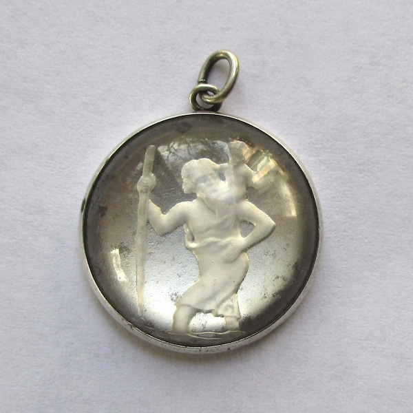 Walter Lampl 15/16 inch tall vintage sterling silver intaglio glass Saint Christopher medal charm pendant - see all 10 photos