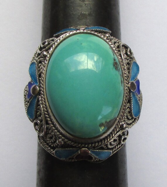 Size 8 vintage sterling silver turquoise enamel C… - image 7