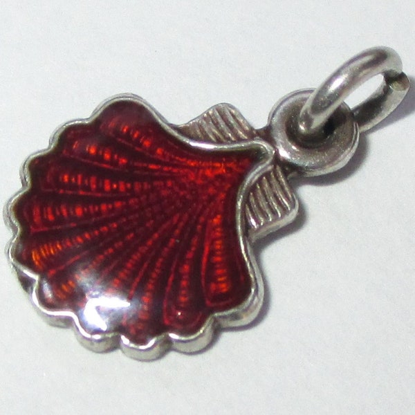 Tiny 9/16 inch sterling silver red enamel seashell clam shell charm - please check all 10 photos