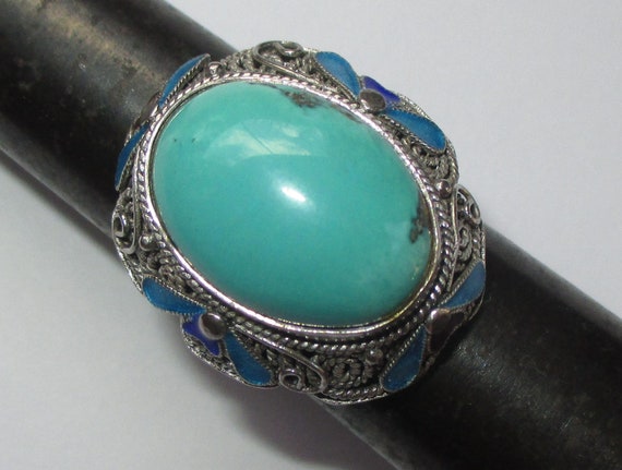 Size 8 vintage sterling silver turquoise enamel C… - image 8