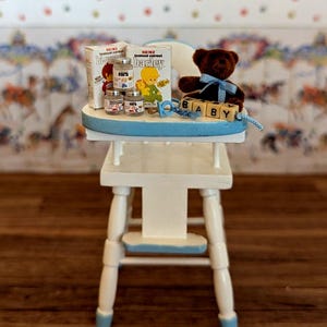 Dollhouse Miniature White and Blue Highchair with Accessories