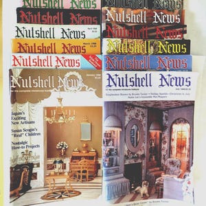 May include: A stack of vintage "Nutshell News" magazines, featuring colorful covers with the magazine title in various fonts. The magazines showcase miniature hobby projects and articles, with interior shots of dollhouses.