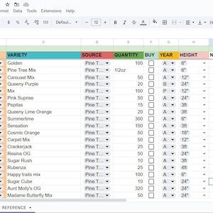 Könnte beinhalten: Eine Tabelle mit dem Titel "My Seed Inventory 2026" listet Samensorten auf, darunter Rüben, Salat, Zinnien und mehr. Spalten zeigen Kategorie, Typ, Sorte, Quelle, Menge und Höhe, mit Messungen in Zoll und Fuß.