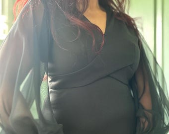 Vintage 1960s Mod Morticia Adam’s Dress Inky Black Sheer Balloon Sleves L XL