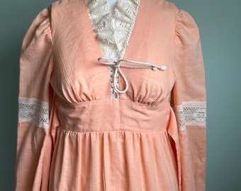 Vintage 70s Gunne Sax Style Dress Peach Cotton Maxi Peasant Dress