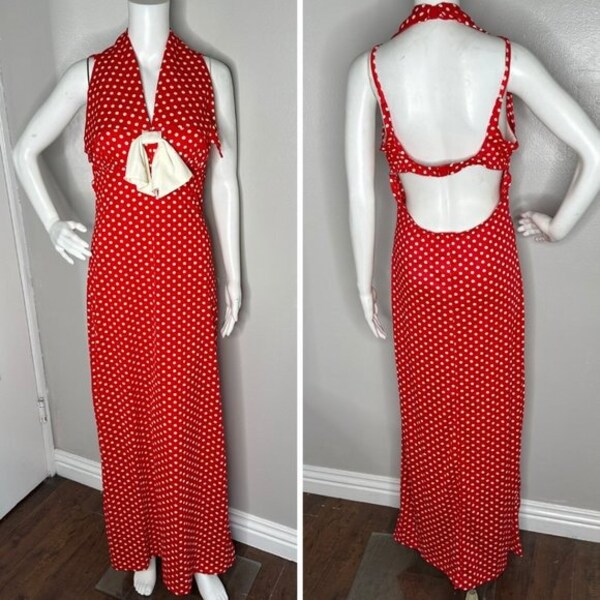 Vintage 1970s  Halter Neck Polka Dot Maxi Dress