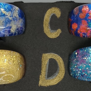 Lucite Rings, hand painted resin rings size 7.  Glitter galaxy rings. Colorful resin rings. Painted statement jewelry.