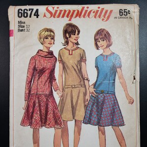 1960&#39;s Sewing Pattern, Vintage Simplicity Pattern 6674, 1966 One-piece Dress, Vintage Haberdash, Authentic 1960s