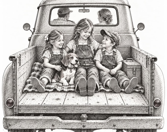 Emily and Her Siblings Riding in the Pickup – Nostalgic Childhood Art - Digital Download