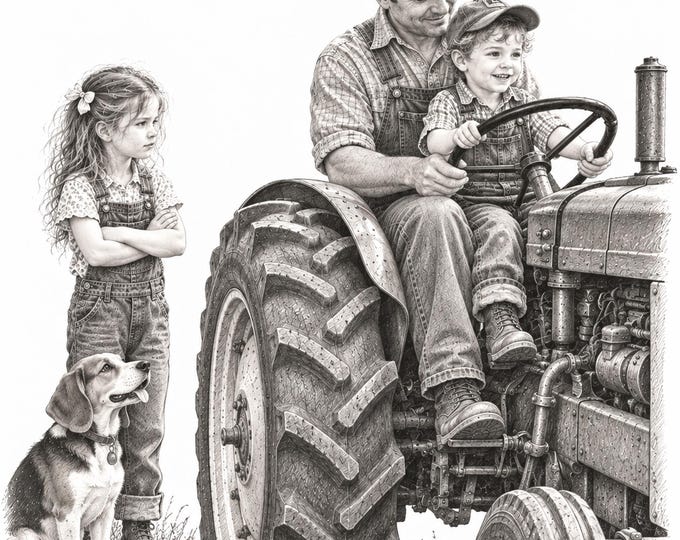 Emily Watches Dad and Little Brother on the Tractor – Nostalgic Family Art - Digital Download