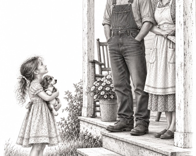 Emily Asking Dad to Keep the Puppy – Nostalgic Childhood Art - Digital Download