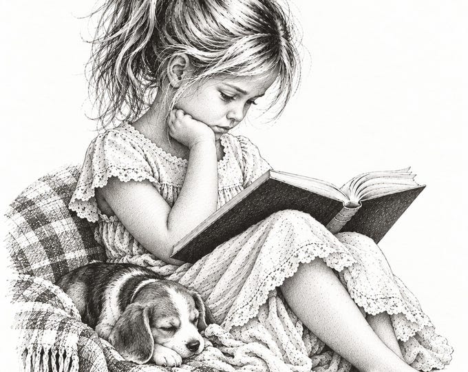 Emily Reading a Book – Nostalgic Black and White Childhood Art - Digital Download