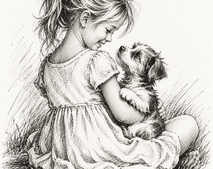 Emily Holding Her Puppy – Nostalgic Black and White Childhood Art - Digital Download
