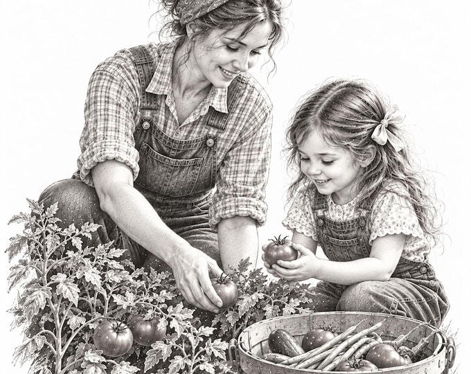 Emily and Mom in the Garden – Nostalgic Childhood Art - Digital Download