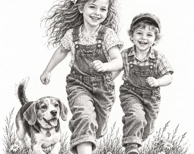 Emily and Her Brother Running – Nostalgic Childhood Art - Digital Download
