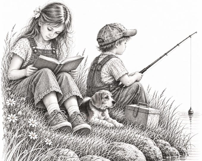Emily Reading While Brother Fishes – Nostalgic Childhood Art - Digital Download