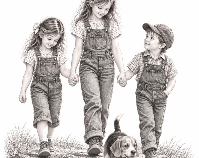 Emily and Her Siblings Walking Home – Nostalgic Childhood Art - Digital Download