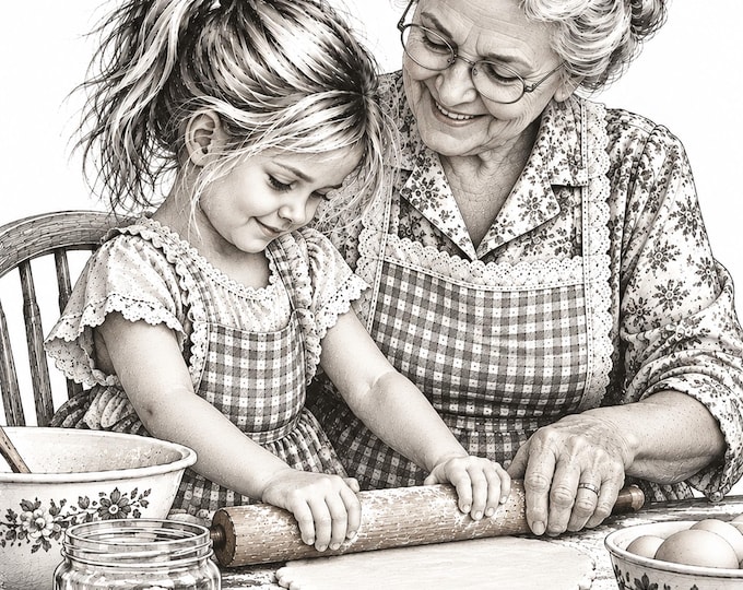 Emily and Grandma Making Biscuits – Nostalgic Black and White Farmhouse Kitchen Digital Download