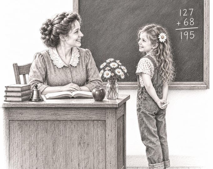 Emily at the One-Room Schoolhouse – Nostalgic Childhood Art - Digital Download
