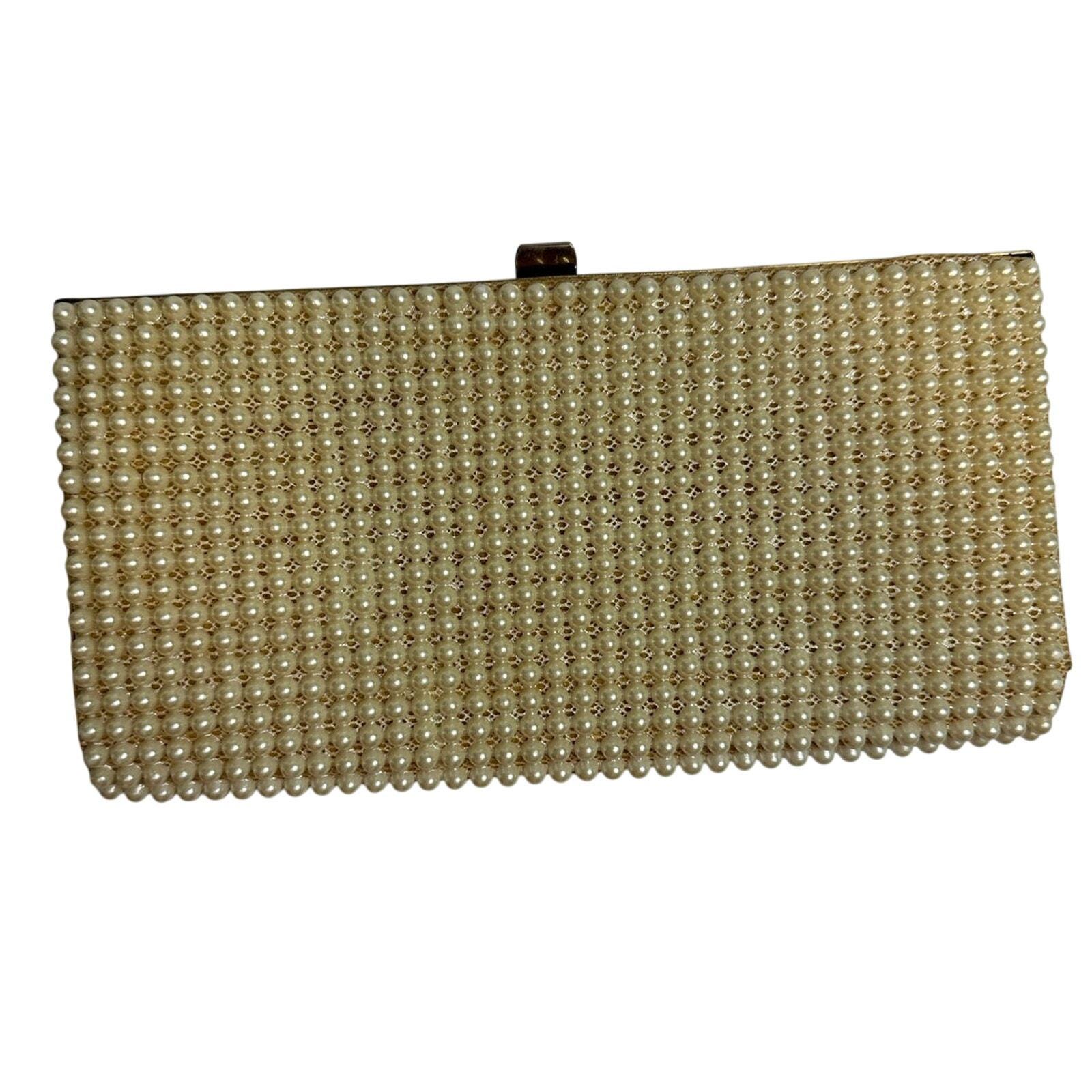 Vintage Clutch Faux Pearl Beaded Gold Tone Snap Closure Evening Bag