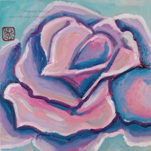 4X4&quot; Original Oil Painting - Pink Purple Rose, Flowers, Floral, Beautiful, Wood Panel, Blue Pink Art Decor, Pop Surrealism, Contemporary