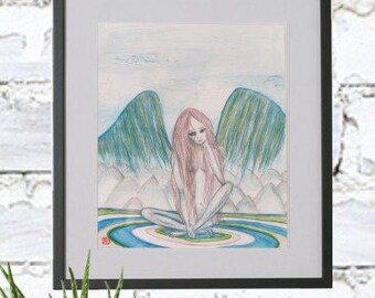 Original Angel Art - A One of Kind Watercolour and Pencil Drawing of an Angel with Pink Hair