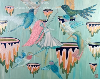 24x24" Original Oil Painting - Hummingbird, Magical, Pop, Islands, Beautiful Flying Floating Girl, Art, Surrealism, Contemporary, Fantasy