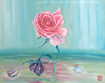 12x12" Original Oil Painting - The Inevitable, Rose Petals, Beautiful, Art Decor, Pop Surrealism, Contemporary, Floral, Teal