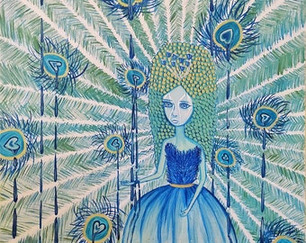 Puede incluir: Una pintura de una mujer con cabello azul y un vestido azul de pie frente a un fondo de plumas de pavo real. La mujer está llorando y las plumas gotean lágrimas azules. La pintura está titulada "heather luk bemis" y tiene una dirección de sitio web en la parte inferior.