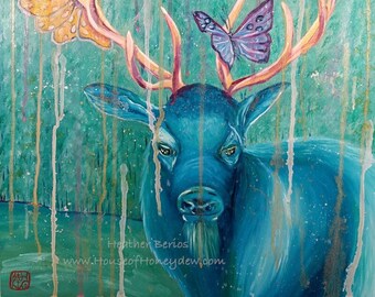 16x20" Original Oil Painting - Elk, Moose, Butterflies, Blue, Green, Abstract, Contemporary, Splash Contemporary, Beautiful, Untethered