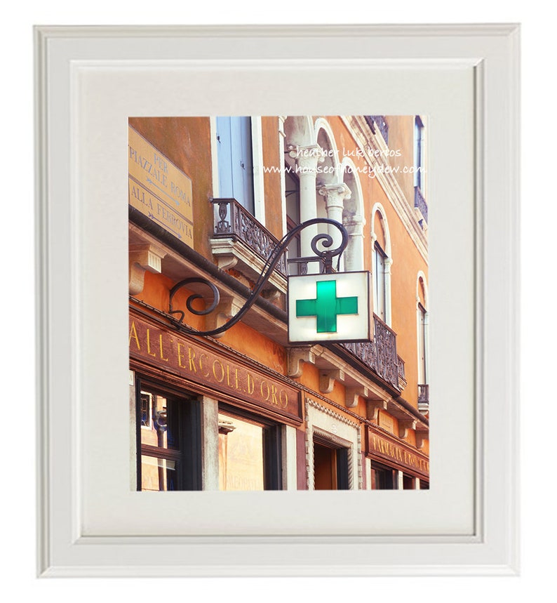 Venice Pharmacy Print Photography of a Green Farmacia Shop Sign in Venice, Italy image 3