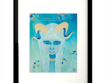 Art Print - White Hair Ram Girl (Portraits of the Magical No. 11) - Giclee artwork interior decoration