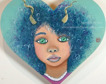 9x8" Heart Shaped Original Oil Painting - Magical, Whimsical, Fairytale, Blue Curly Hair, Black Girl, Art Decor, Surrealism, Contemporary