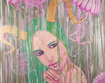 24x30" Original Oil Painting - Girl, Jellyfish, Fairytale, Magical, Pop, Magical, Green, Pink, Art, Surrealism, Contemporary, Fantasy