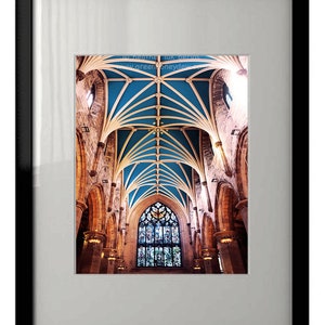 Edinburgh Scottish Photography - Wall Decor - Fine Art Print - Church, Ceiling, St Giles Cathedral, Scotland, Blue, Stained glass, Gothic