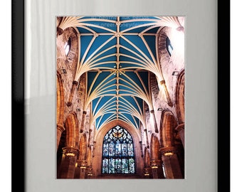 Edinburgh Scottish Photography - Wall Decor - Fine Art Print - Church, Ceiling, St Giles Cathedral, Scotland, Blue, Stained glass, Gothic